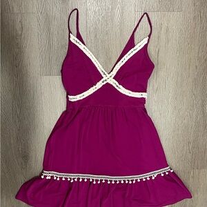 Magenta Spaghetti Strap Dress with Lace Pom Pom Trim